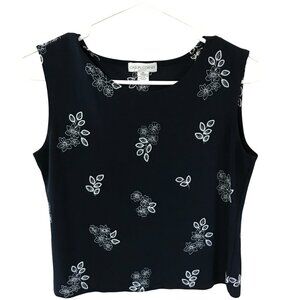Casual Corner Embroidered Sleeveless Blouse: Dark Navy Cropped Top, Size S-M